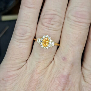 Spessartine Garnet & Natural White Zircon Halo Ring.